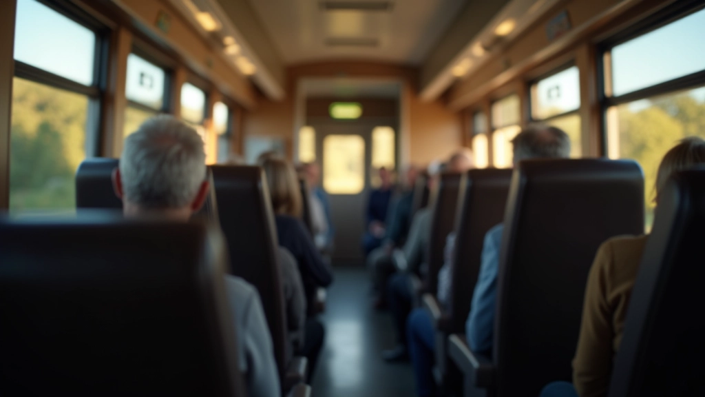 Vilciena vagona interjers ar maziem cilvēkiem, sēdvietām pie loga, gaismas no saules